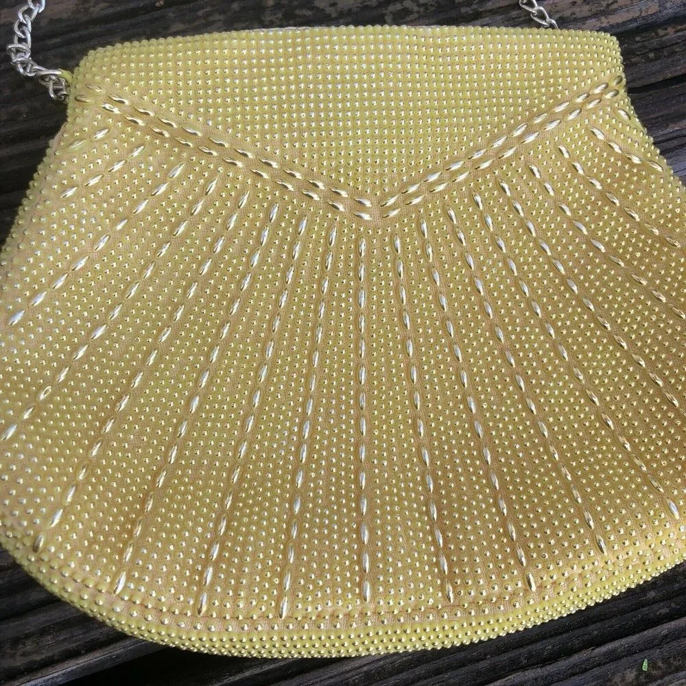 Yellow Gold Corde Art Deco Beaded Purse Evening Bag Vintage 50s 60s Hong Kong